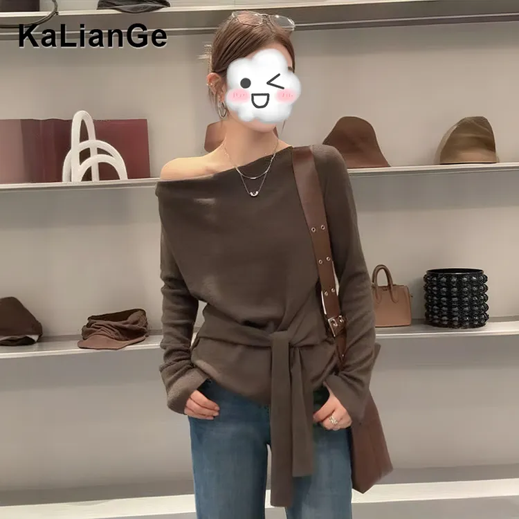 卡莲格/不规则斜肩绑带长袖T恤女早秋新款修身显瘦内搭打底衫上衣