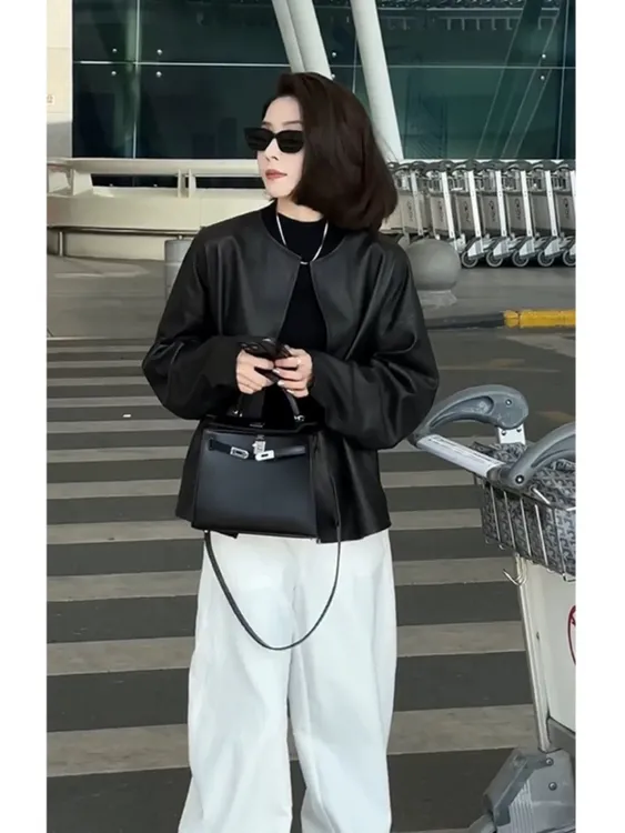 今年流行爆款高级感赫本风薄款黑色圆领机车皮衣夹克外套女2025春