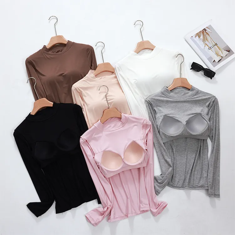 中领薄款自带胸垫一体式打底衫半高领修身无钢圈固定杯长袖T恤衫