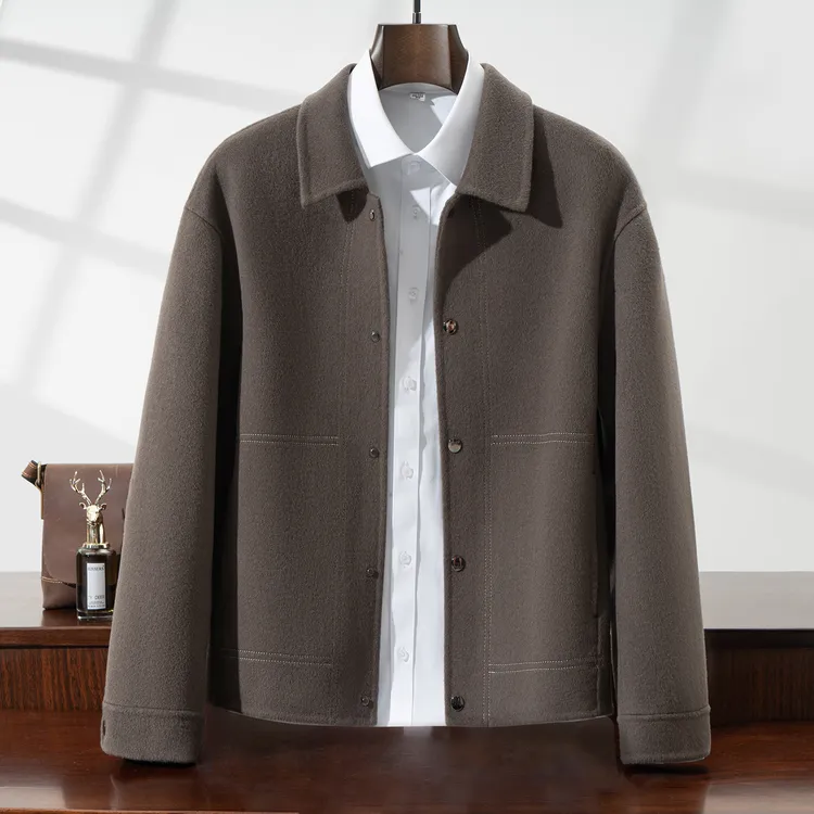 秋冬新款双面羊毛大衣男装时尚纯羊毛呢外套韩版翻领落肩袖夹克