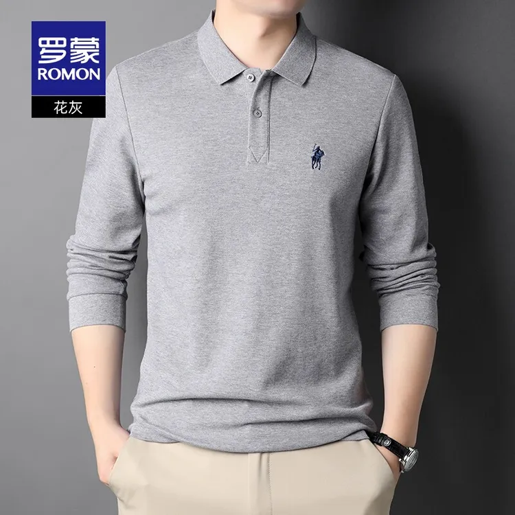 【纯棉】罗蒙男士商务休闲翻领长袖POLO衫2025秋季新款刺绣T恤衫