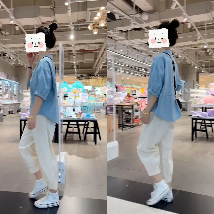2025超火夏装一整套高级感韩系休闲百搭宽松蓝色衬衫上衣长裤套装