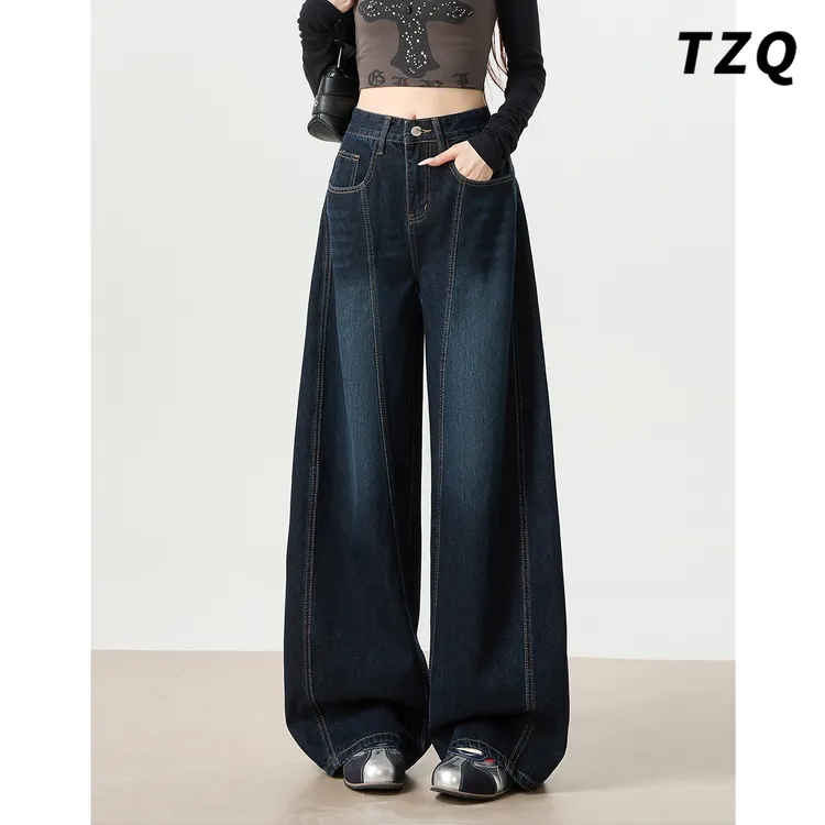 高级感字母刺绣弯刀牛仔裤女款潮牌解构宽松休闲阔腿裤TZQ2590823