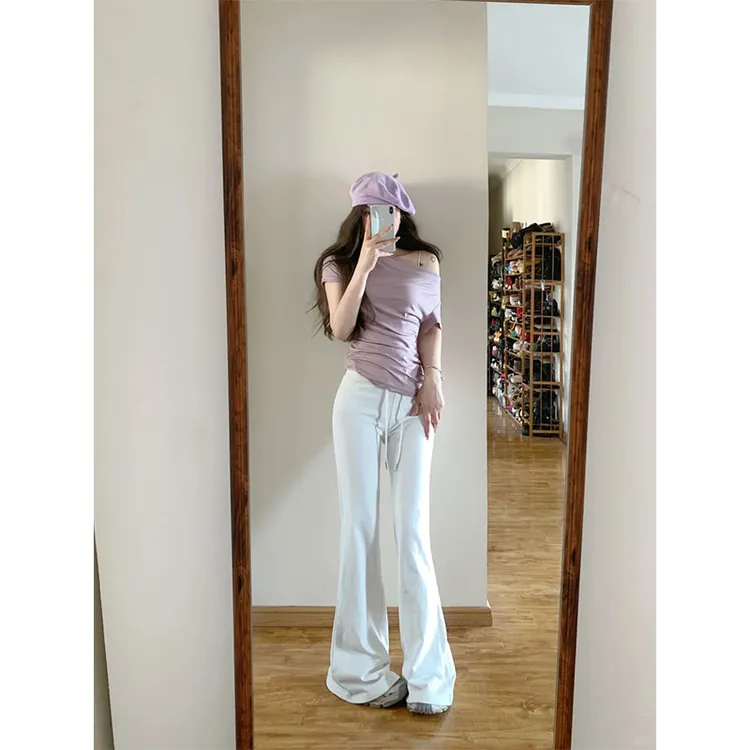 2025春季新款修身显瘦小众斜肩上衣休闲宽松简约百搭阔腿直筒长裤