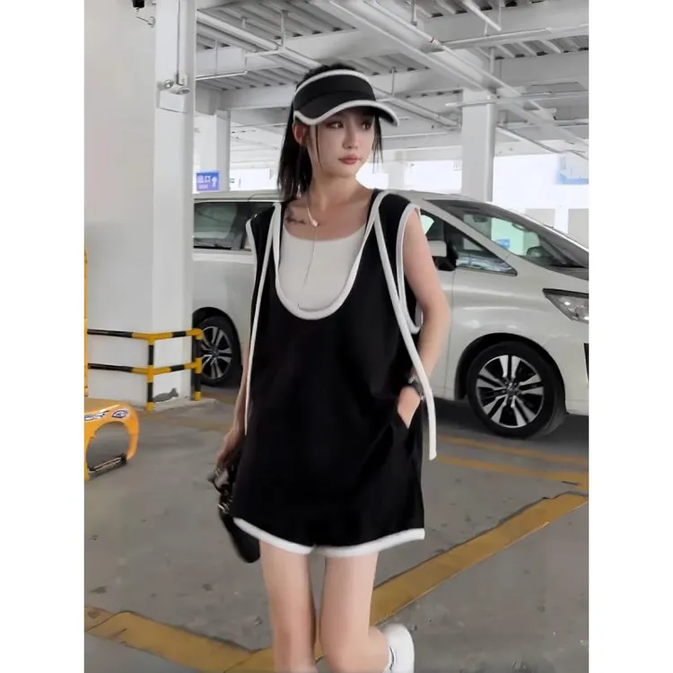 【马琦尧专属】夏季连帽无袖背心上衣阔腿短裤休闲时尚套装8812