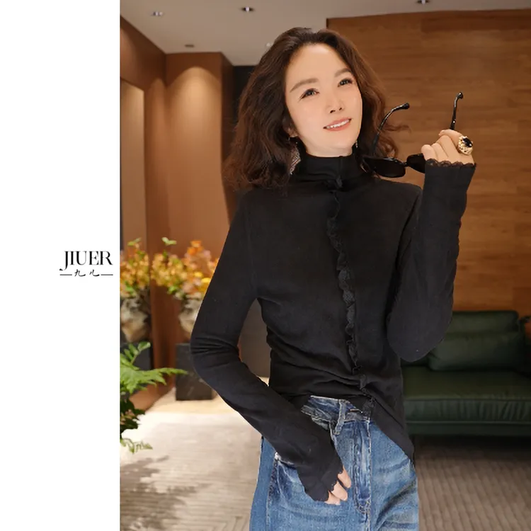 JIUER欧洲站半高领打底衫德绒小衫气质长袖秋冬轻奢木耳内搭3226