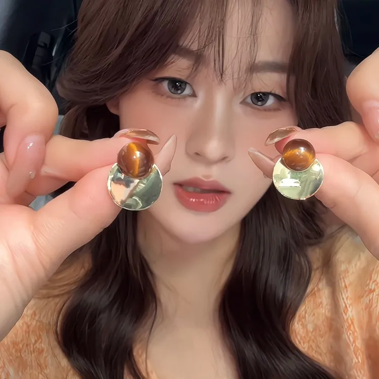 铜合金耳饰 美拉德虎眼石复古耳环轻奢高级感秋冬金属圆片耳钉
