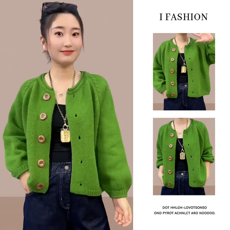 高级感休闲减龄毛衣女2025春秋新款慵懒风纯色圆领单排扣针织开衫