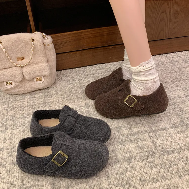 复古圆头毛毡加绒勃肯鞋女加绒秋冬季一脚蹬保暖棉鞋毛呢乐福鞋