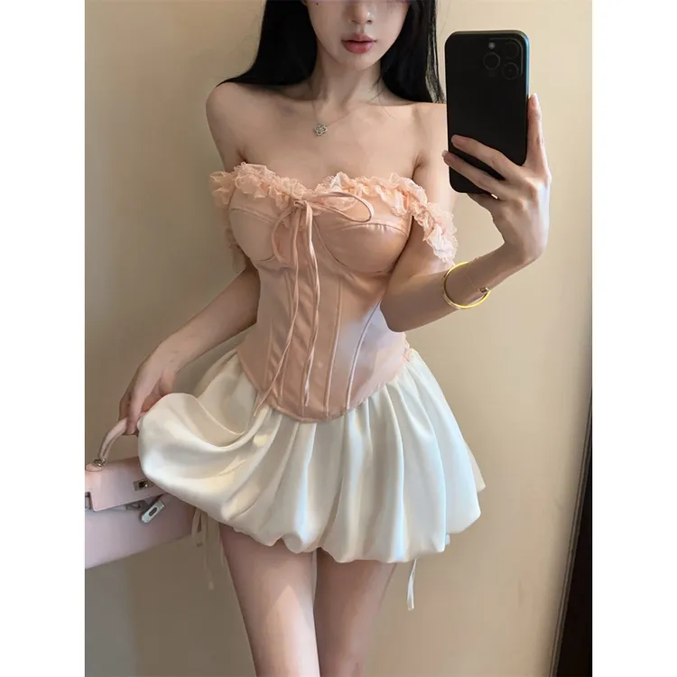 甜美纯欲风粉色鱼骨蕾丝木耳边吊带背心上衣花苞裙裤女秋季两件套