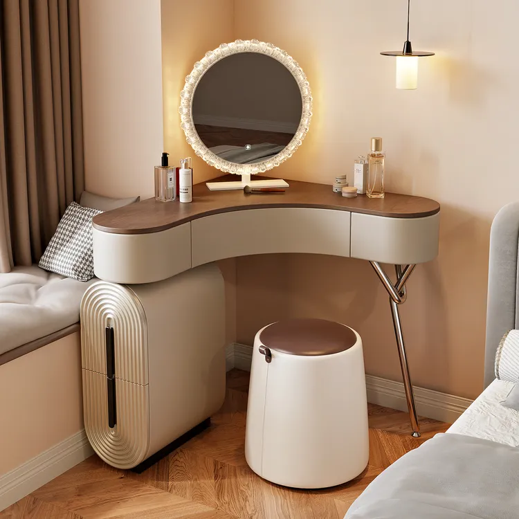 新款中古风转角梳妆台实木卧室现代简约化妆桌斗柜一体拐角化妆台