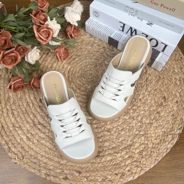 夏季日常蝴蝶结高跟露趾一字拖厚底白色平底休闲凉拖鞋9800-7