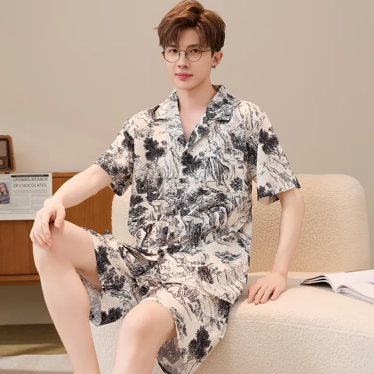 男士睡衣夏季短袖冰丝薄款加大码加肥青少年学生男孩家居服套装