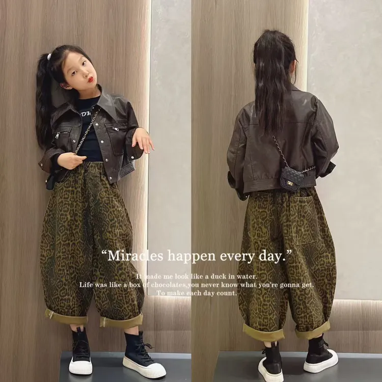 女童复古pu皮衣夹克机车服短外套豹纹裤秋套装酷飒潮穿搭