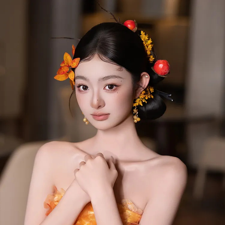 非金属布艺婚庆饰品 新娘头饰柿柿如意仿真柿子新中式发饰品G0228