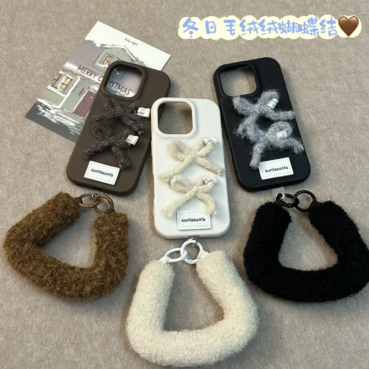 ins韩风毛绒蝴蝶结适用苹果17promax1615手机壳华为荣耀oppo/vivo