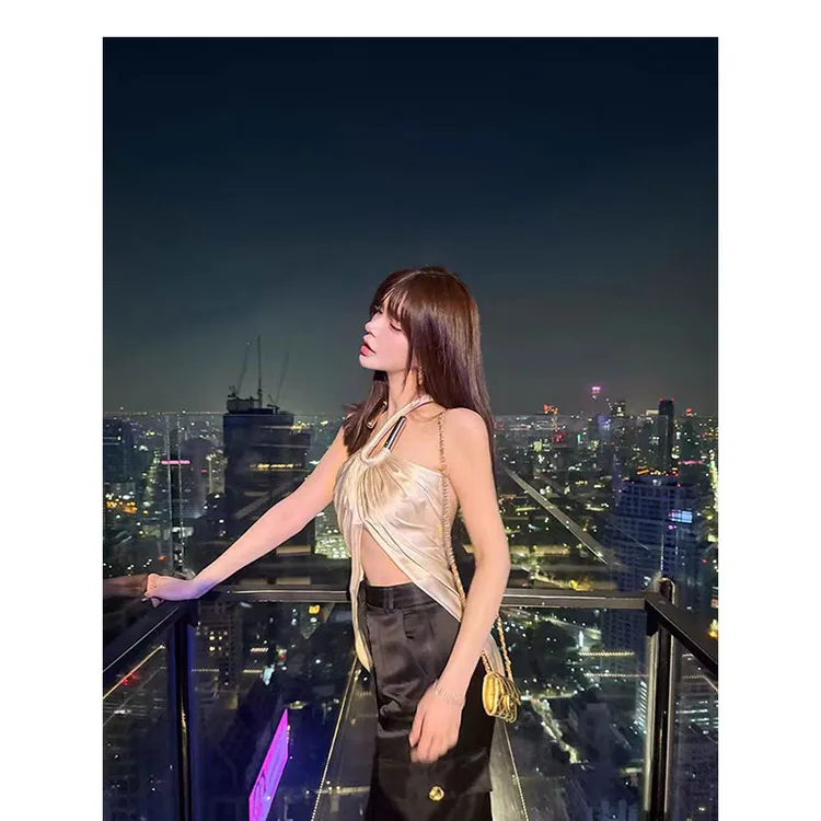 2025欧美性感挂脖吊带背心街头辣妹露背无袖上衣女配显瘦休闲裤