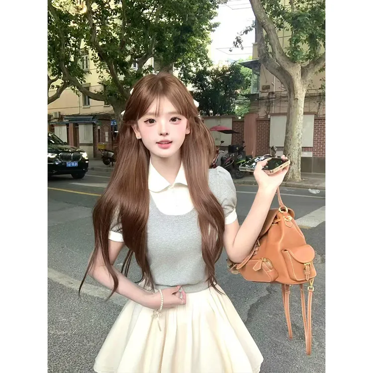 2025夏季新款韩系温柔甜美风polo领短袖上衣女配高腰显瘦半身裙