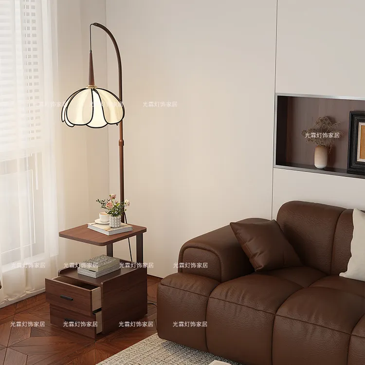 实木床头柜落地灯卧室客厅沙发边中古风复古现代简约置物茶几灯