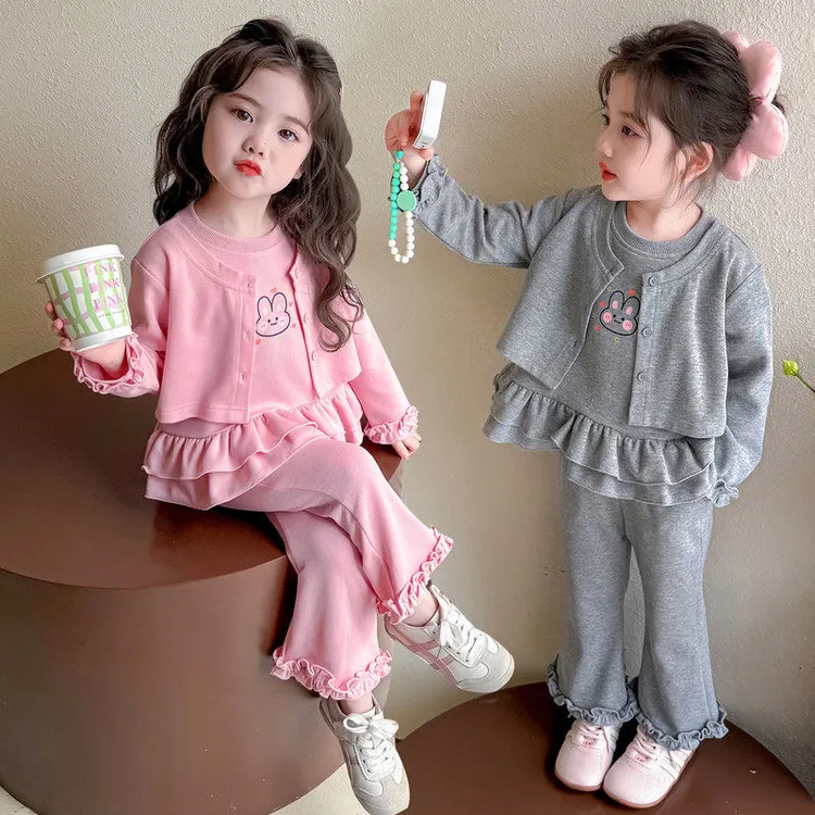 女童甜美两件套洋气小女孩春秋款女宝宝假两件卫衣喇叭裤女童秋装