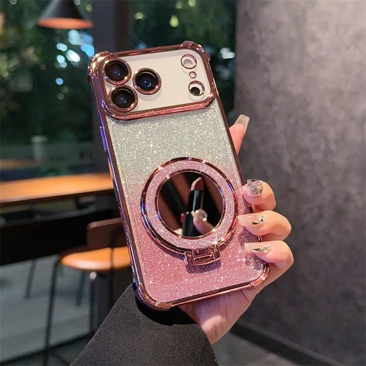 适用iPhone17PRO手机壳闪粉镜子磁吸支架苹果17四角透明防摔软壳