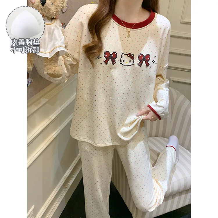 睡衣女款爆款2025新款春秋大码可外穿带胸垫高颜值长袖家居服套装