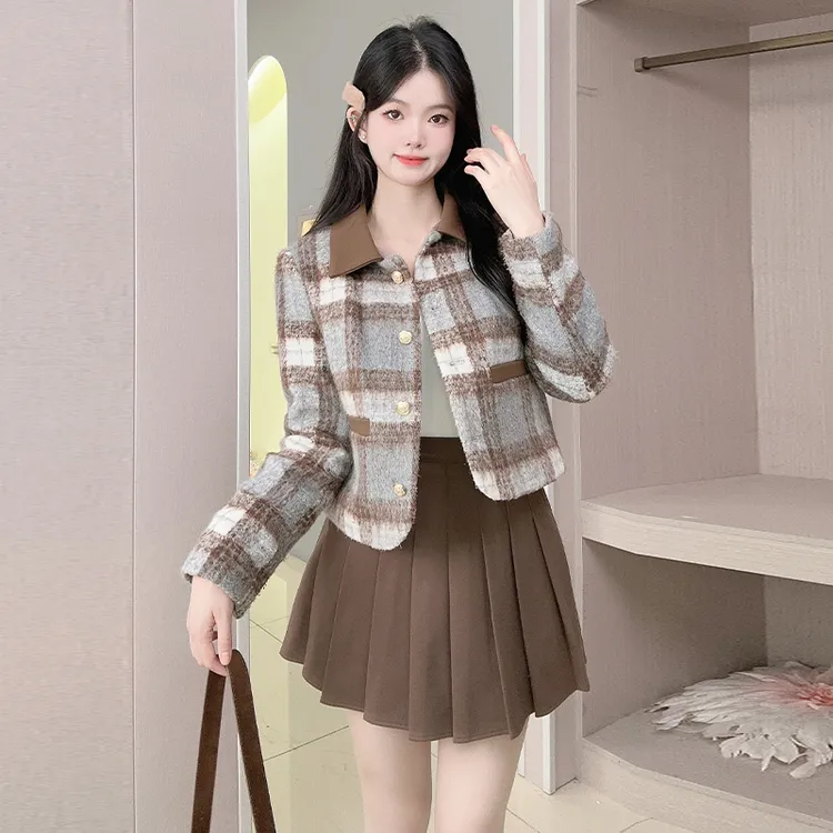 2025秋冬季新款小香风格子毛呢外套女冬加厚夹棉呢子夹克短款上衣
