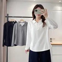  大码秋新款韩版翻领三粒扣长袖T恤宽松显瘦打底衫简约上衣2558-2