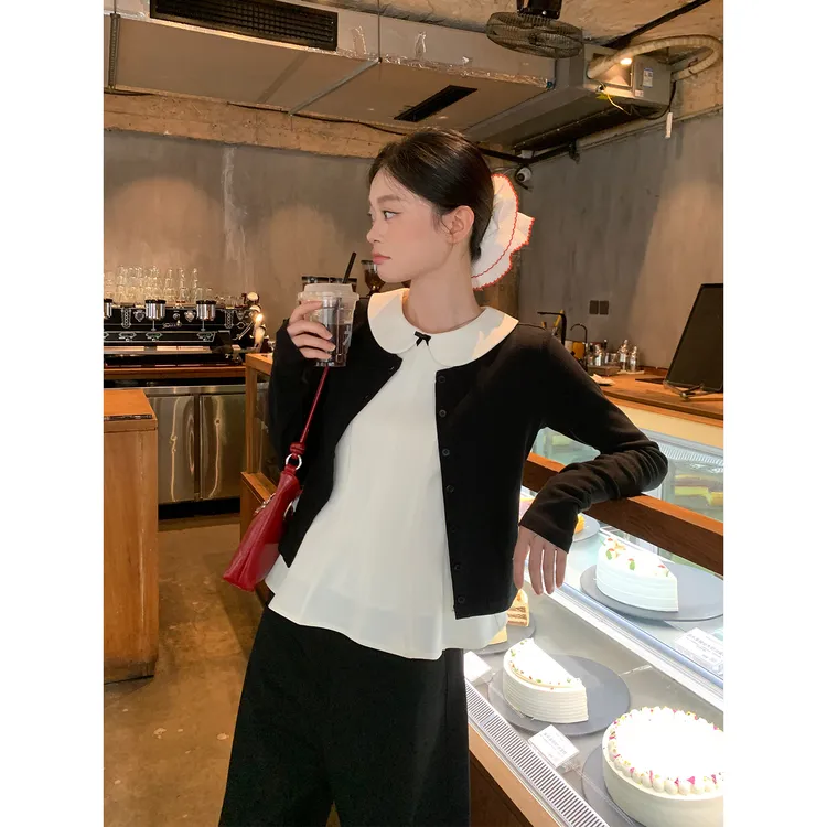 宋正恩黑色薄款针织开衫外套女空调衫外搭镂空肌理感上衣ST1386-1