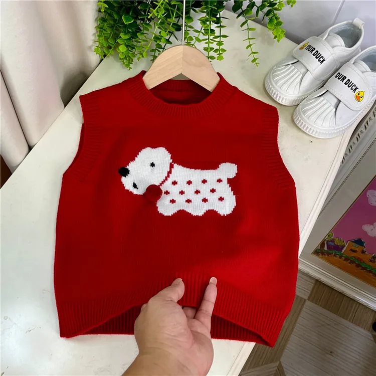 男女宝宝儿童韩版洋气年款喜庆小狗旺旺斑点春秋针织毛衣马甲背心