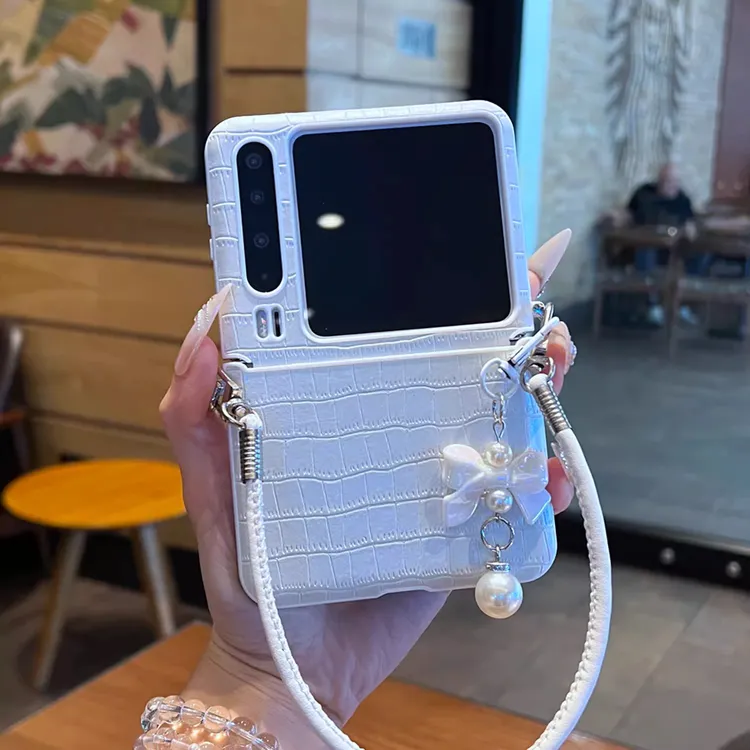 适用于华为purax折叠屏手机壳高级感白色鳄鱼纹皮质蝴蝶结手提绳