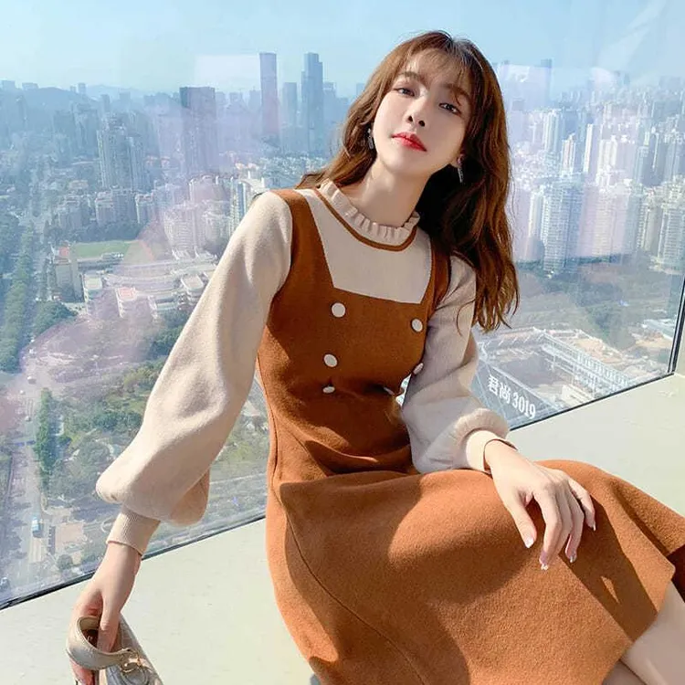 法式针织连衣裙女2025秋季新款收腰显瘦小个子假两件中长款毛衣裙