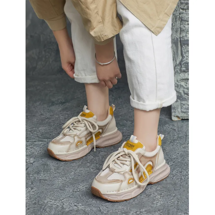 2025春季新款真皮圆头阿甘鞋撞色单鞋女厚底休闲阿甘鞋