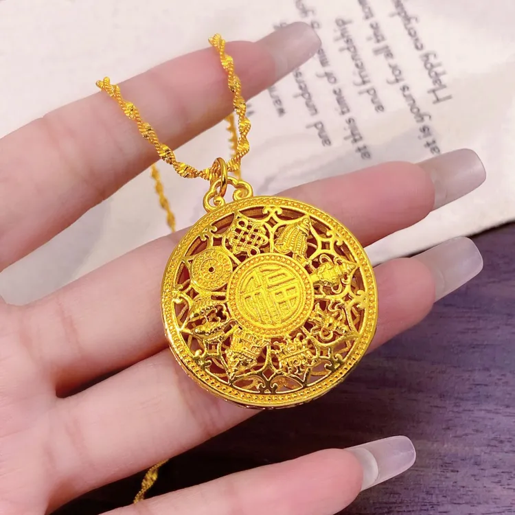 【水波纹链条+八宝罗盘吊坠】福字镂空圆牌项链吊坠毛衣链