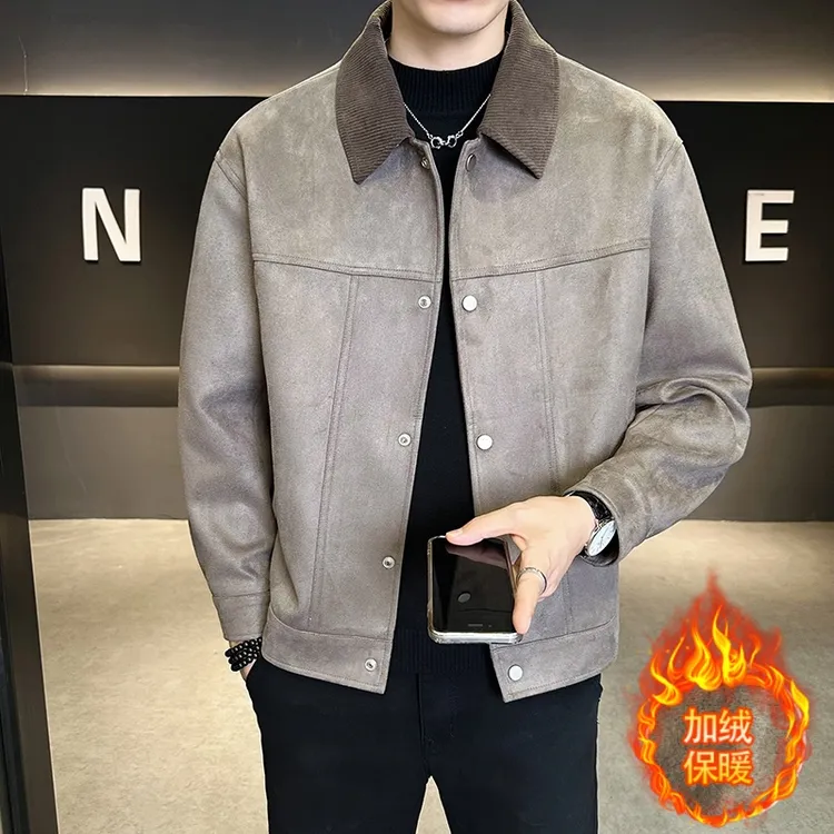 仿麂皮绒皮外套男秋季2025新款潮牌百搭帅气拼接翻领痞帅男夹克