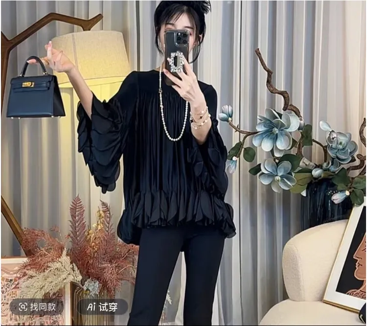 新款优雅气质时尚荷叶边宽松褶皱遮肚大码显瘦上衣