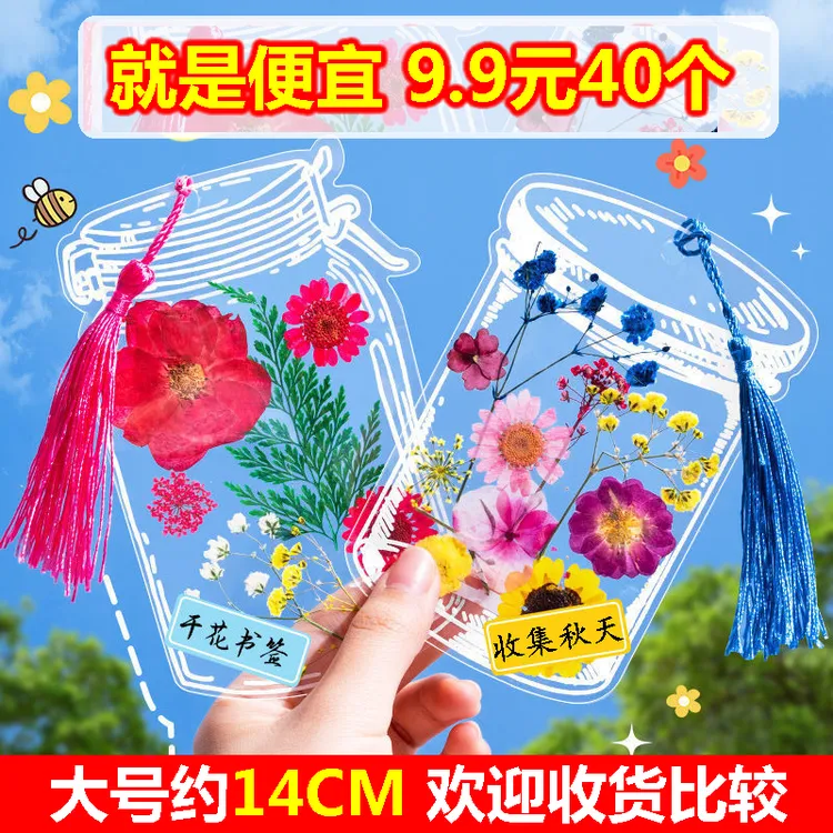 大号瓶子里的秋天干花书透明签手工DIY材料树叶标本压花书签制作