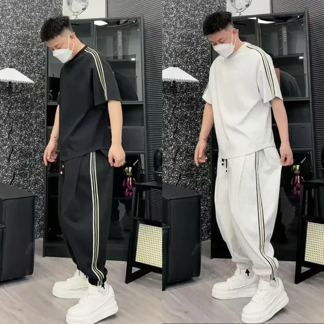 夏季新款条纹拼接哈伦套装男时尚宽松短袖束脚卫裤休闲运动两件套