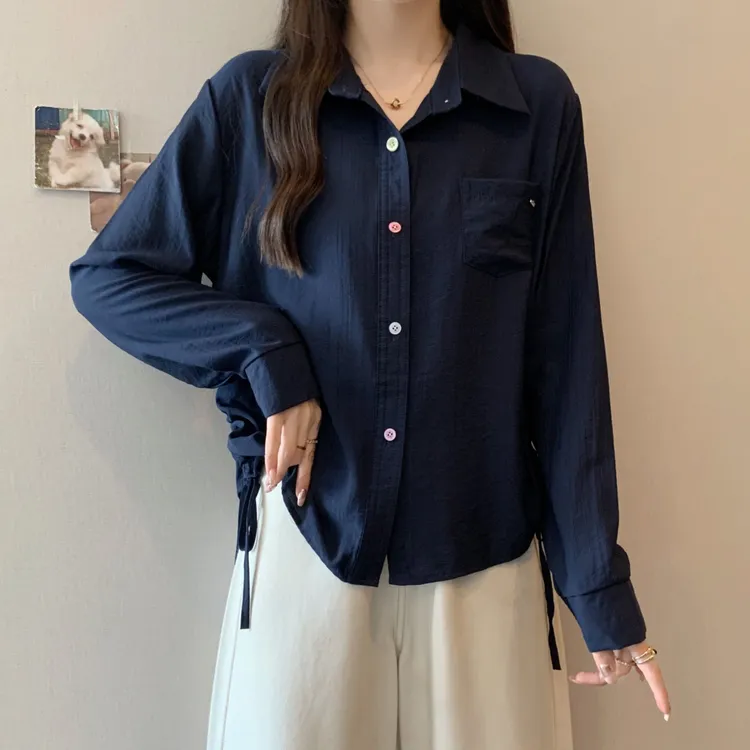 大码法式POLO领彩扣抽绳长袖衬衫女春秋胖MM宽松显瘦百搭洋气上衣