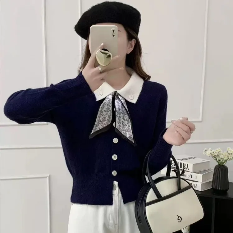 时尚长袖拼接毛针织衫秋冬新款小香风丝巾绑带开衫休闲气质百搭