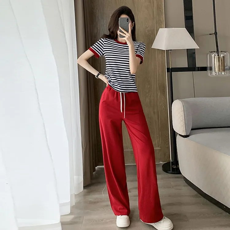 胖MM大码休闲运动套装女洋气条纹短款短袖T恤红色阔腿裤两件套潮