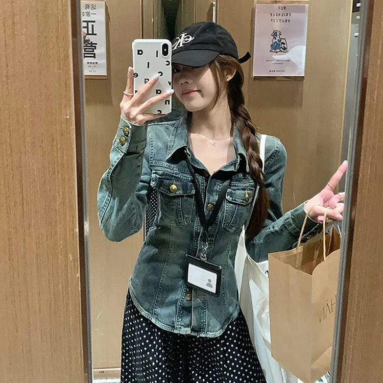 复古蓝水洗翻领牛仔外套女2025秋季修身显瘦小众百搭短款夹克上衣