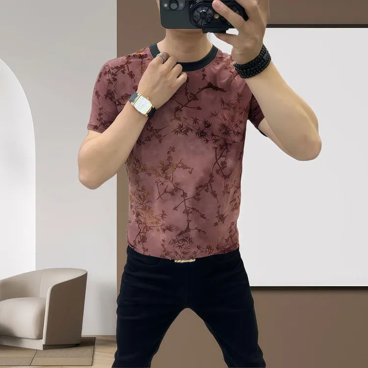 提花印花休闲夏季半袖立领百搭夏季透气修身印花T恤