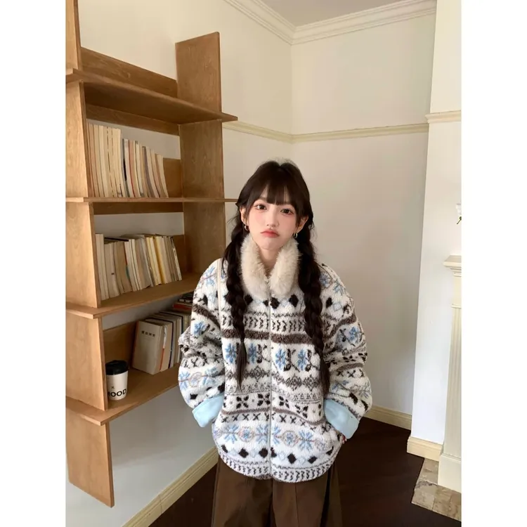 2025新款费尔岛毛领外套女秋冬加厚保暖洋气开衫外套 61056