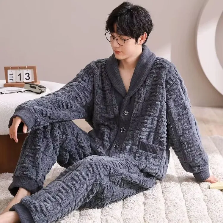 珊瑚绒男士睡衣秋冬季加绒加厚法兰绒大码保暖休闲家居服两件套装