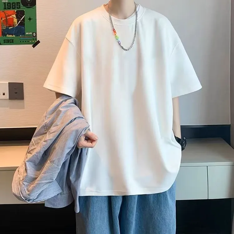 纯白色300g重磅纯棉短袖T恤夏季圆领宽松百搭打底衫男女基础款tee