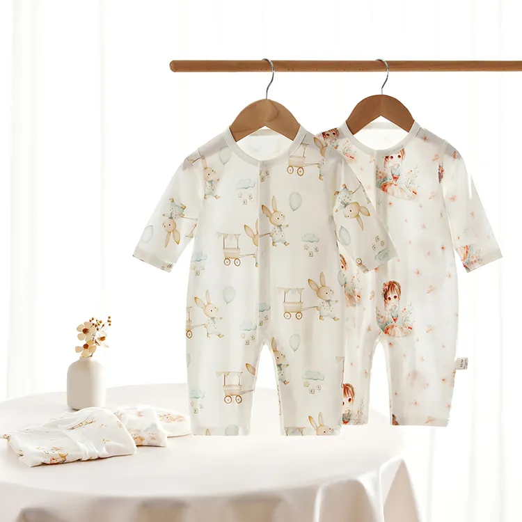 夏季长袖空调服婴儿薄款连体衣新生儿宝宝吸汗透气睡衣弹力连体衣