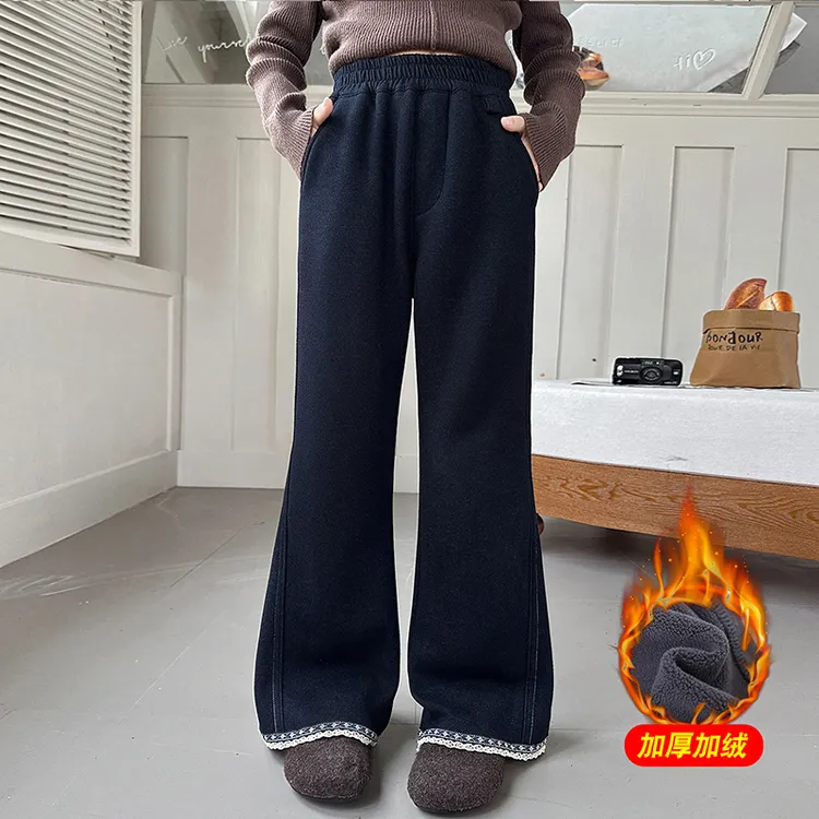 女童加绒裤子秋冬外穿女大童一体绒加厚喇叭裤冬季儿童微喇裤长裤