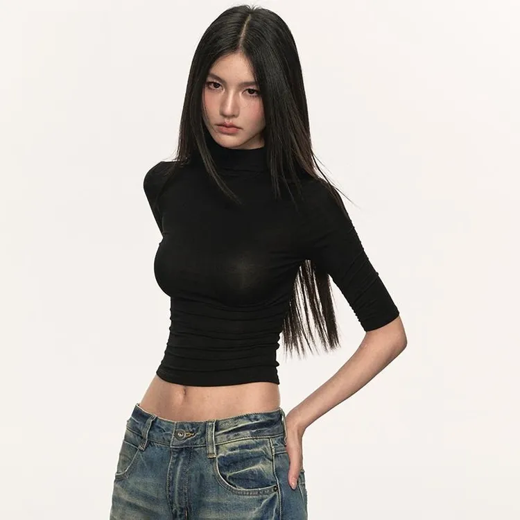 美式辣妹中袖T恤女初秋新款半高领正肩内搭打底衫设计感修身半袖