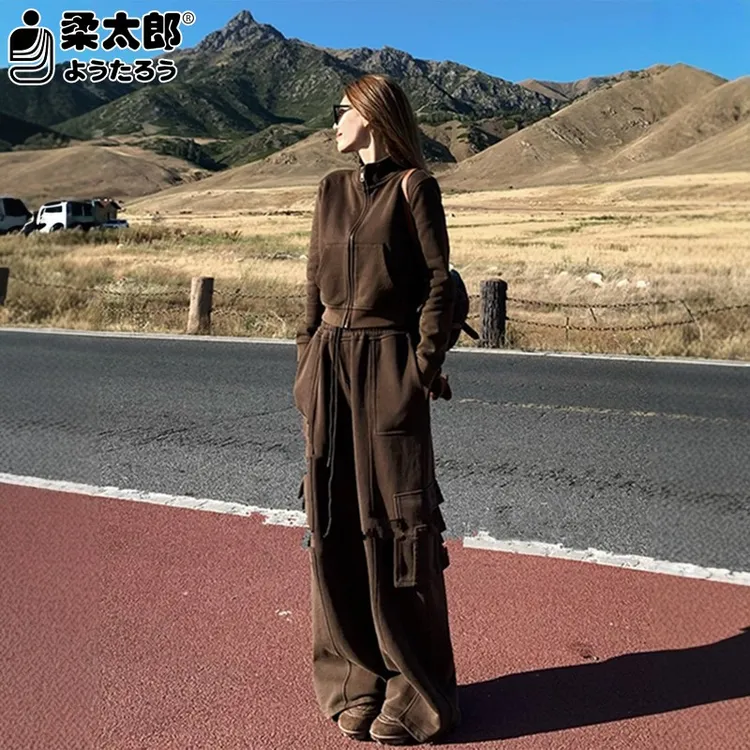 日本柔太郎工装美式运动套装女秋冬显瘦时尚高级感宽松卫衣阔腿裤